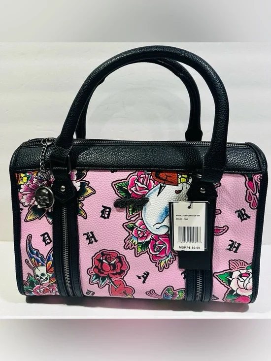 Ed Hardy Pink Floral Tattoo-Print Satchel Handbag