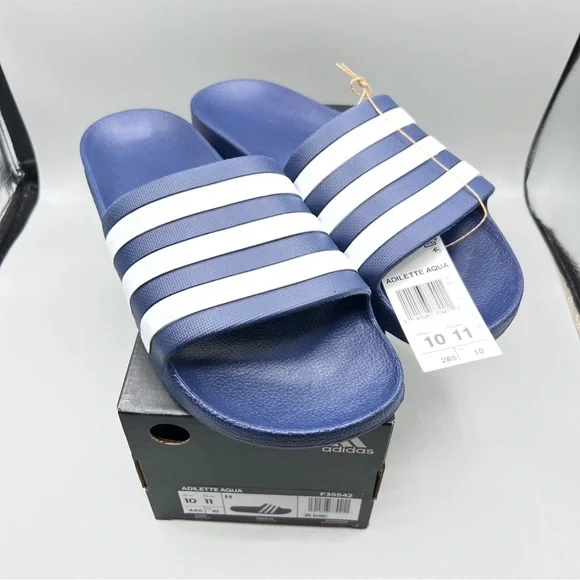 adidas Unisex Adilette Aqua Slides Sandal, Dark Blue/White/Dark Blue, 10 US‎ Men