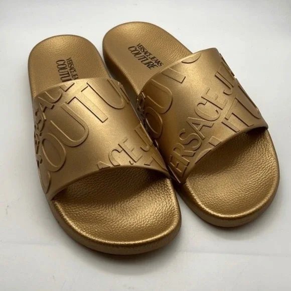 VERSACE JEANS COUTURE Gold Embossed Logo Slides Men 8‎ / Eur 41 -NEW