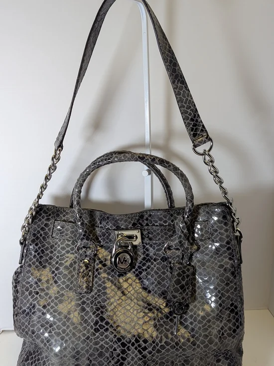 Michael Kors Large Hamilton Satchel Tote Bag Gray Python Snakeskin Print Silver