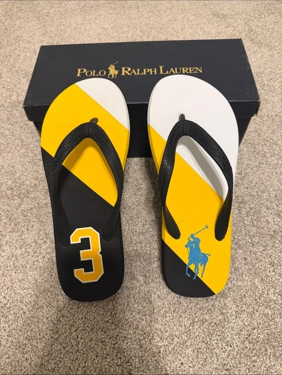 Polo by Ralph Lauren Yellow Black White Logo Flip Flops