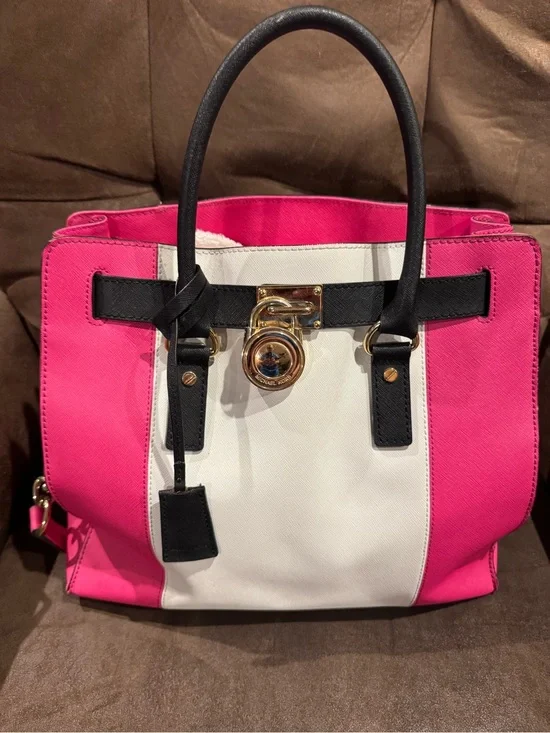 Michael Kors Pink, White & Black Hamilton Center Stripe Tote