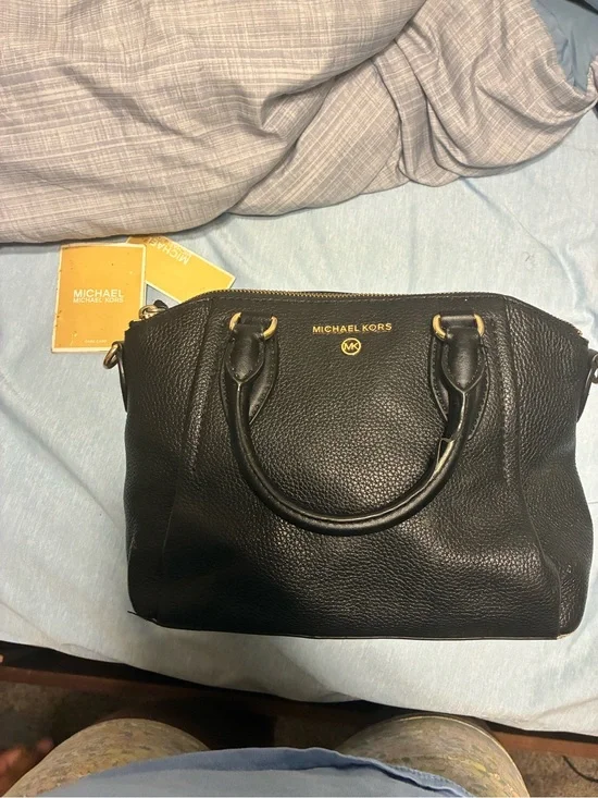 Michael Kors Black Pebbled Satchel with Gold Hardware