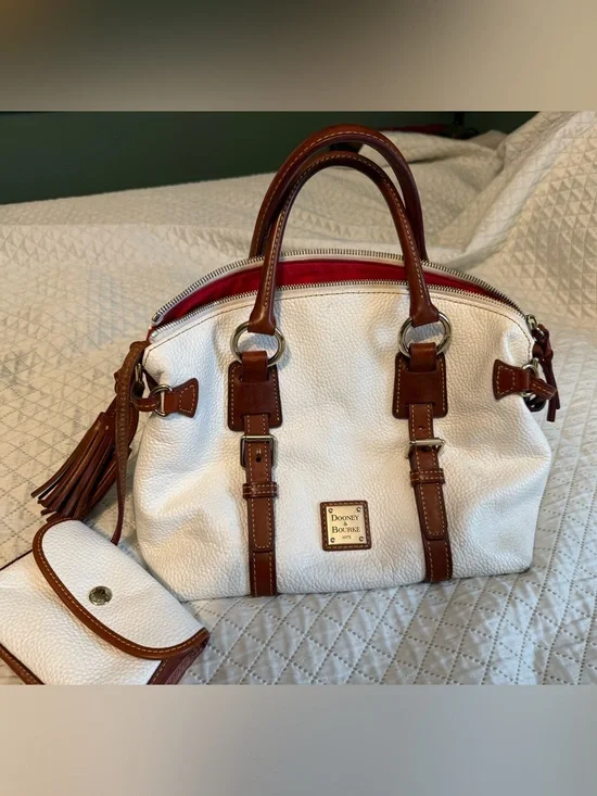 Dooney & Bourke White Pebbled Leather Satchel with Brown Trim w/coin purse