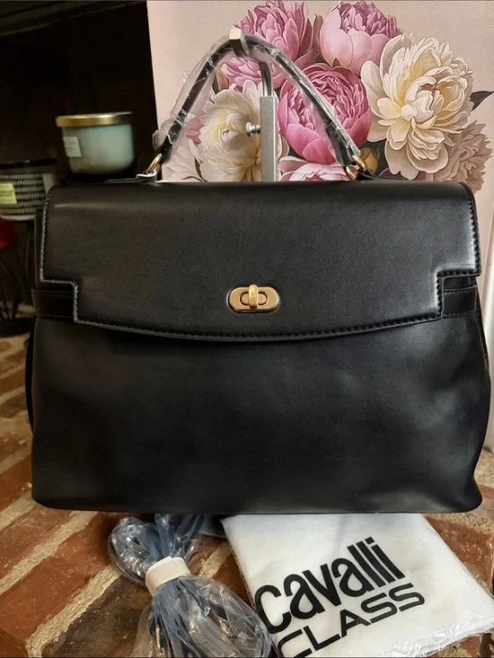 Cavalli Class Black Leather Top-Handle Satchel with Gold-Tone Hardware