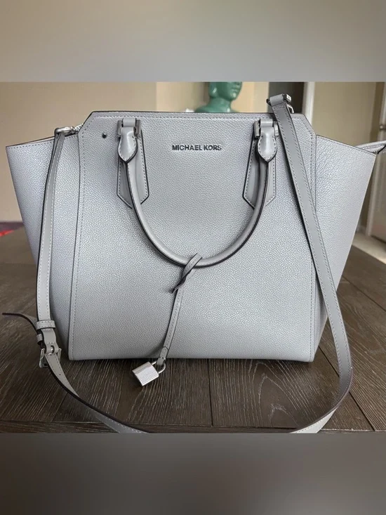 MICHAEL KORS Light Gray Pebbled Leather Satchel