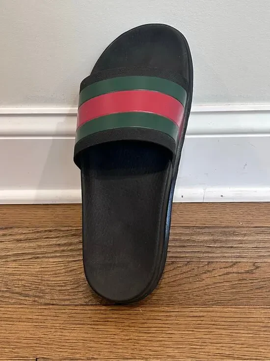 Gucci Mens Sz 10 Web Rubber Slide Sandals Black Green Red Pursuit Pool LEFT ONLY