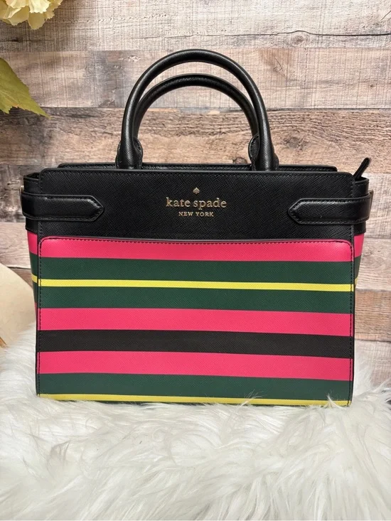 Kate Spade Black w/ Pink, Green, and Yellow Striped Saffiano Leather Satchel