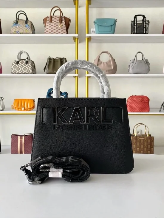 Karl Lagerfeld Black Simon Embossed Logo Harlow Leather Top-Handle Satchel