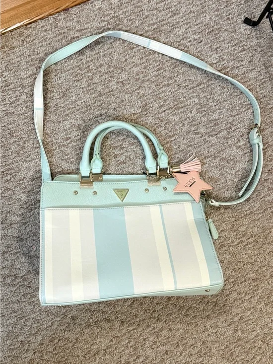 Guess Mint and White Striped Satchel with Pink Star Charm
