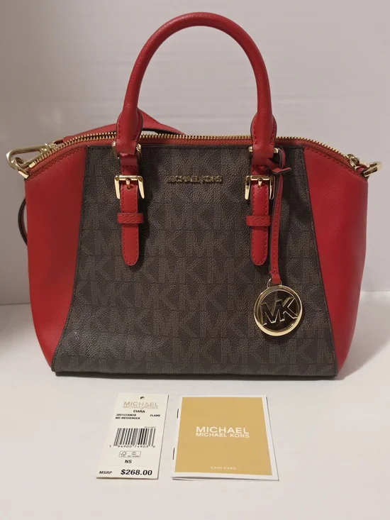 Michael Kors Ciara Top Zip Satchel Flame Red Monogram Messenger Bag
