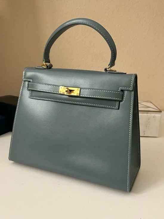 25cm Gold on Slate Blue Box Leather Top-Handle Satchel KL Style