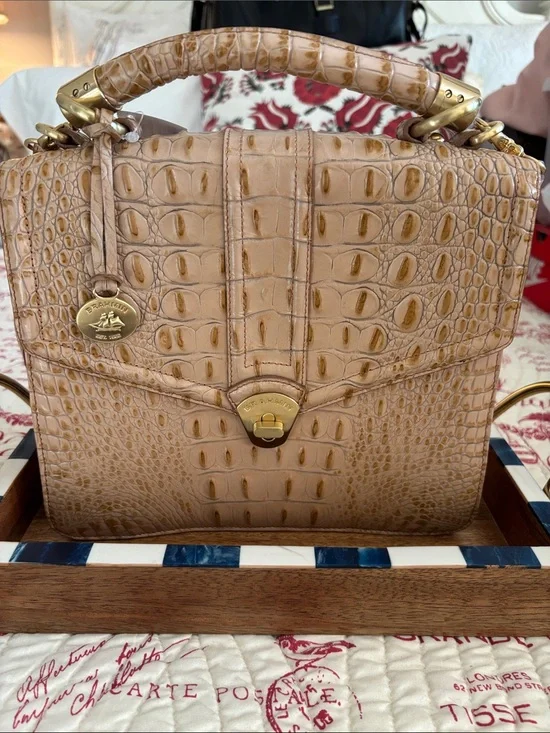 Brahmin Olivia Rose Tan Croc-Embossed Leather Satchel with Gold Hardware