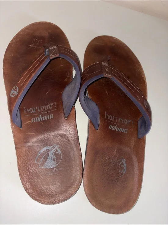 Hari Mari x Nokona Men's Tan Leather Flip Flops From Baseball Gloves Size 13