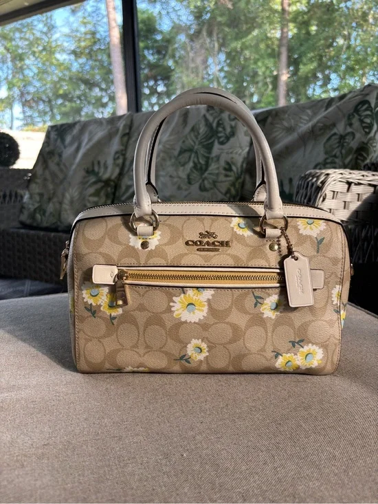 Coach Beige Floral Signature Satchel with Cream Handles
