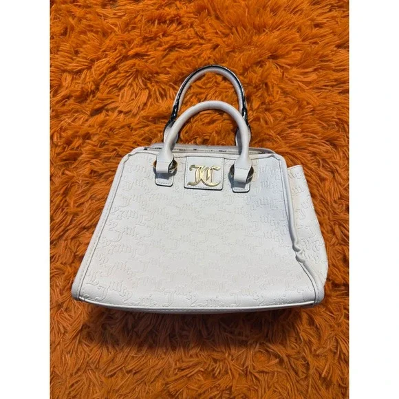 Juicy Couture Off White Embossed Logo Satchel Handbag Gold Tone Hardware Bag