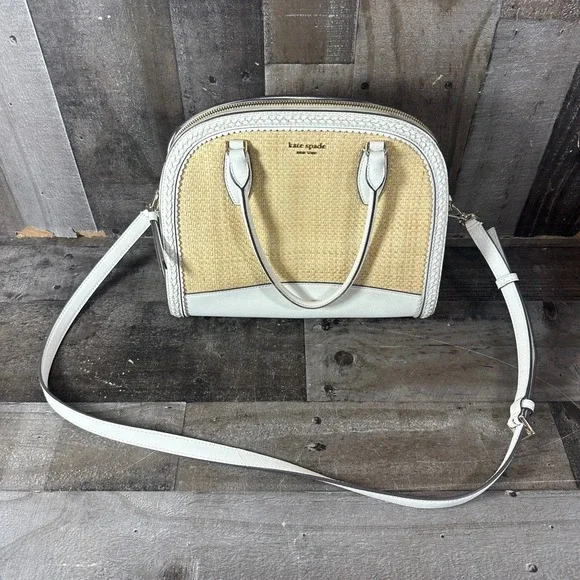 KATE SPADE Reiley Straw Dome Satchel Crossbody Off White Leather Braided Trim