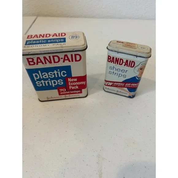 Lot of 2 VINTAGE TIN JOHNSON & JOHNSON BAND-AID SHEER STRIPS BANDAGES CANS EMPTY