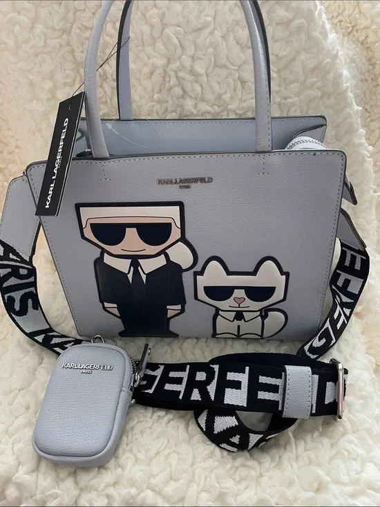 Karl Lagerfeld Light Gray Satchel with Character Patch and Branded Strap