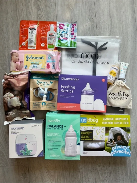New Lot of Newborn/Infant Baby Items Bottles Carseat Cover Sterilizer Evenflo
