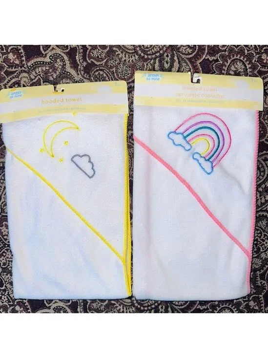 NIP Angel Of Mine Baby / Infant Hooded Towel Rainbow/Moon Design Bundle Of 2