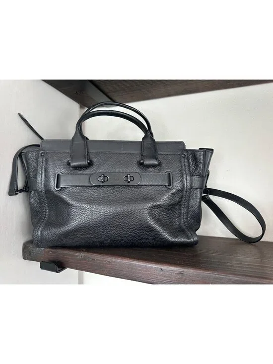 Coach Swagger 27 All Black Pebbled Leather Bag Satchel Timeless Classic