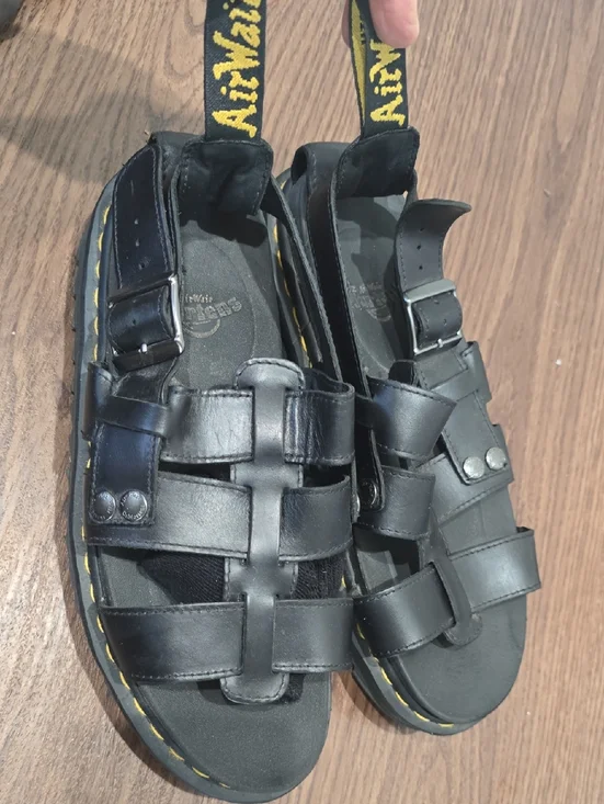 Dr. Martens Black Leather Fisherman Sandals with Yellow Stitching‎ 10M