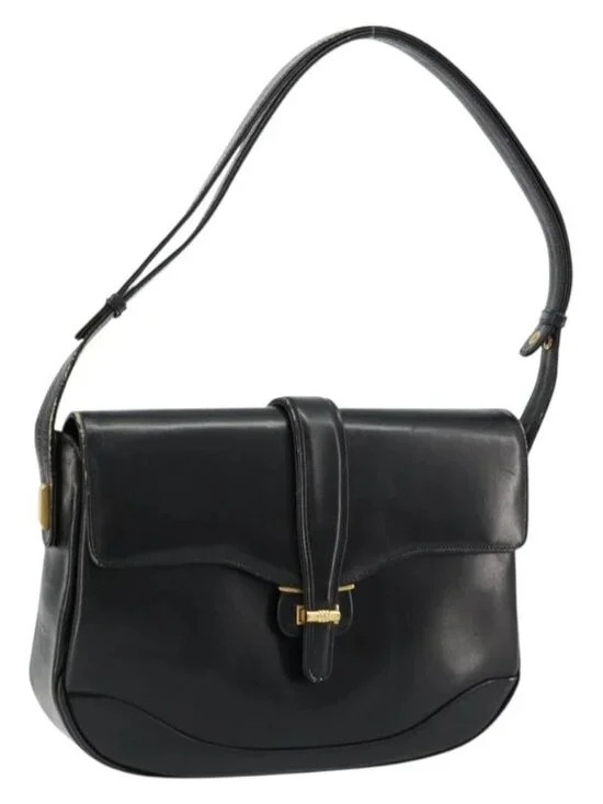 GUCCI Shoulder Bag Leather Black Gold Auth
