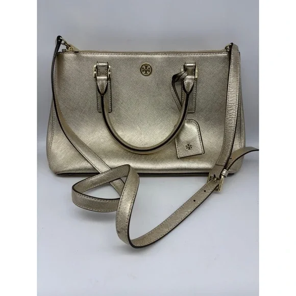 Tory Burch Robinson Satchel Medium Gold Metallic Saffiano Leather Bag