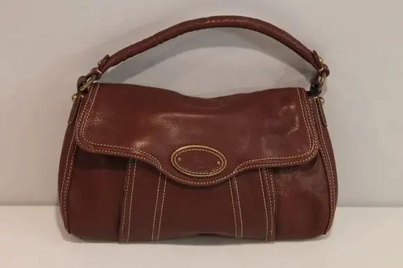 Talbots Leather Handbag Purse Brown White Thread Detailing Flap Closure