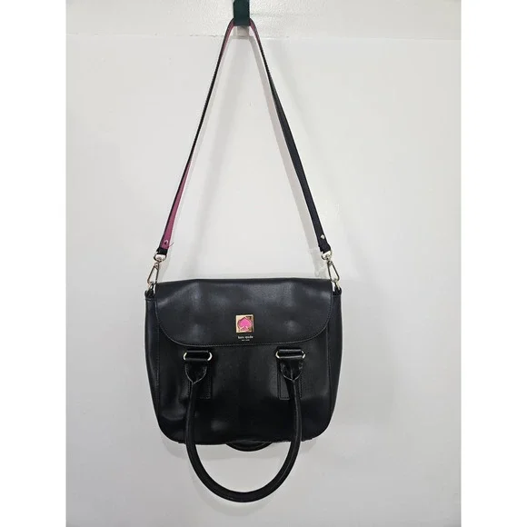 Kate Spade New York Black Leather Crossbody‎ Satchel Pink Spade Logo Bag