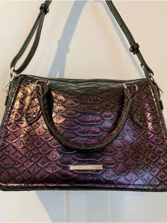Brahmin Iridescent Purple Embossed Satchel Handbag