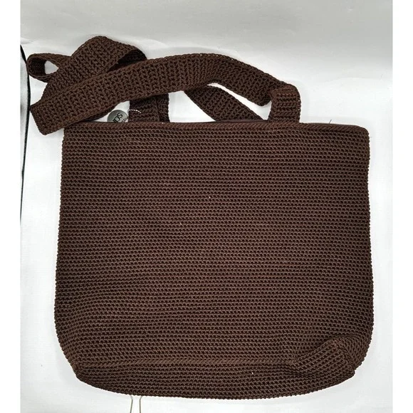 The Sak Classic Brown Crocheted Double Handle Large Tote Handbag Zip Top Bag‎