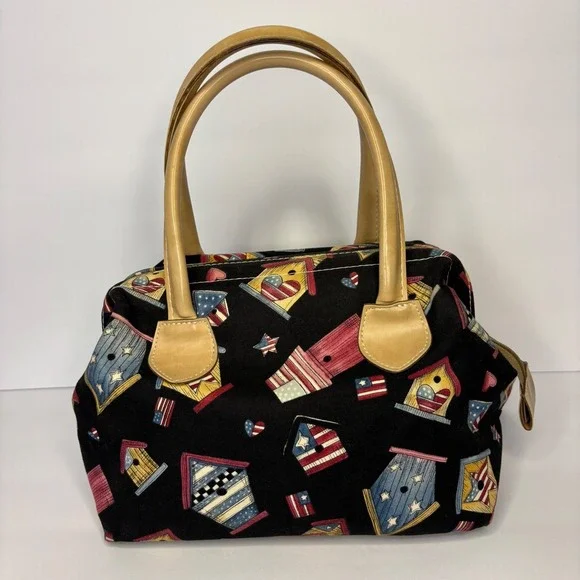 H. Ravi Dallas Birdhouse American Flag Print Satchel Handbag Purse Black Vintage