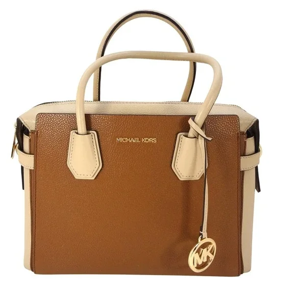 Michael‎ Kors Mercer Medium Colorblock Pebbled Leather Satchel Brown Cream Gold