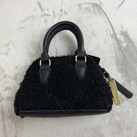 Steve Madden Black Faux Sherpa Mini Satchel Handbag Gold‎ Hardware