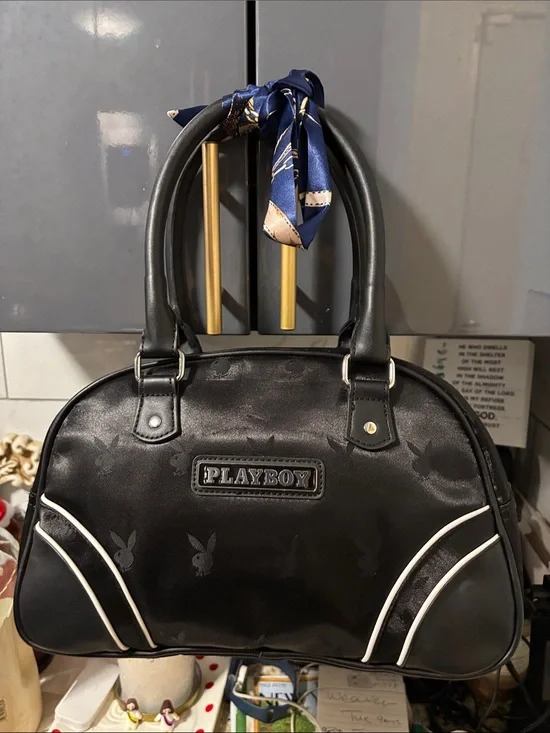 PLAYBOY Black Satchel /crossbody strap with White Piping Accents