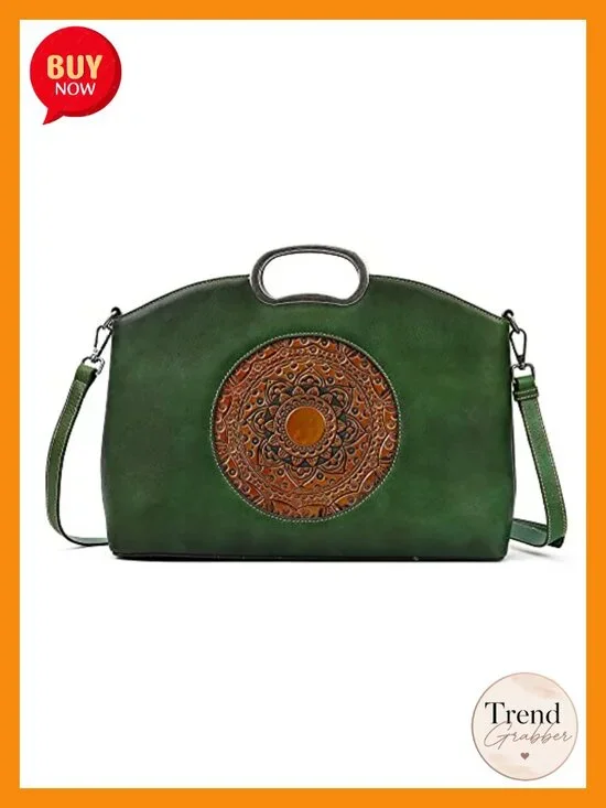 Genuine Leather Handbags Satchel Crossbody Bag Large Vintage Embossed Totem