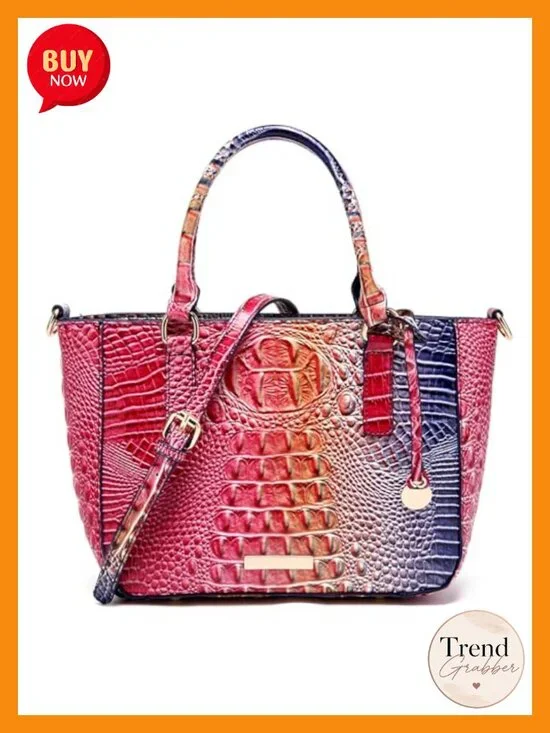 Faux Leather Crocodile Embossed Zip Satchel Tote Crossbody Bag