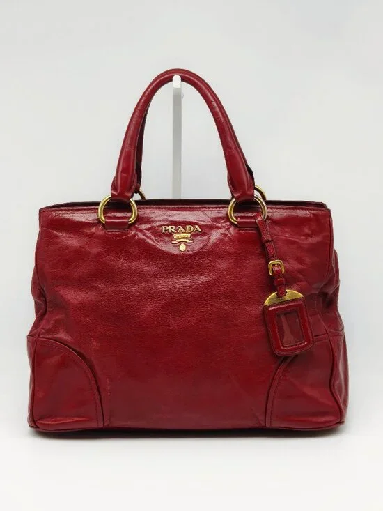 Prada Red Vitello Shine Leather Large Satchel Tote Handbag