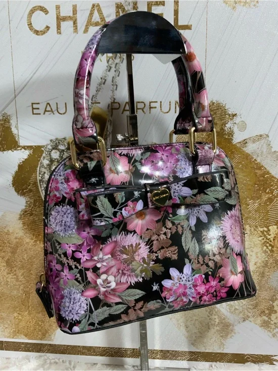 Betsey Johnson Black Floral Dome Satchel with Pink & Purple Flowers