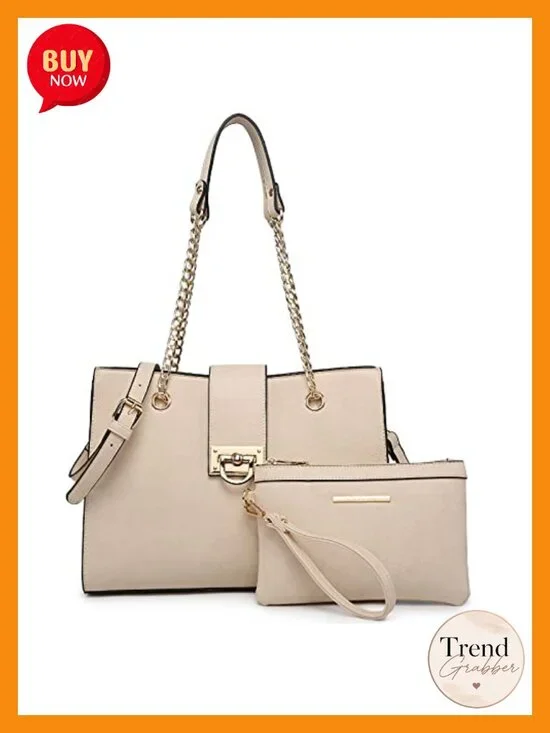 Vegan Leather Satchel Tote Hobo Bag with Matching Clutch