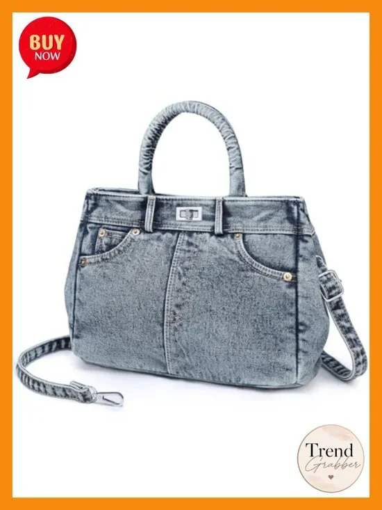 Denim Crossbody Bag Lightweight Satchel Shoulder Purse with Turn-Lock Long