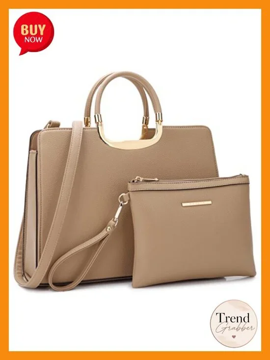 Vegan PU Leather Satchel Purse with Matching Wallet Top Handle Shoulder Bag