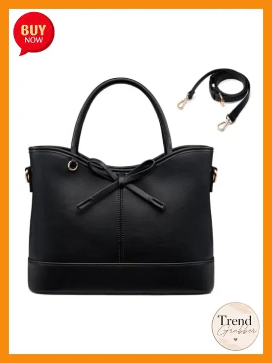 Structured Satchel Handbag with Bow Detail, Leather