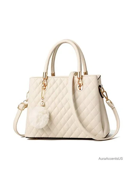 PU Leather Satchel Handbag with Pom Pom - Tote Shoulder Bag for Women
