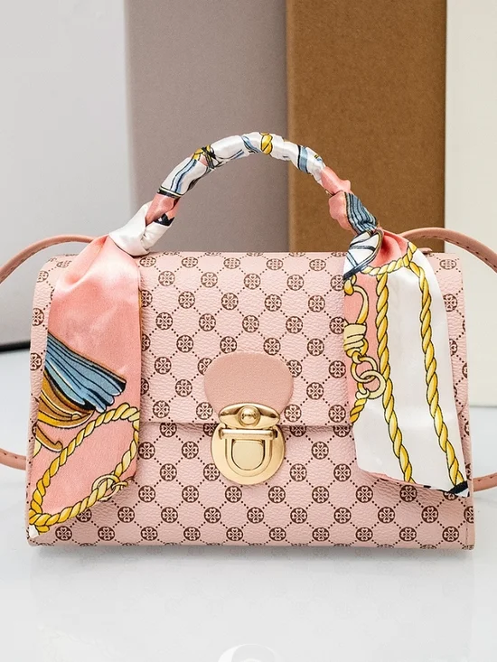 Pink Patterned Top-Handle Women's Handbag with Scarf Accent