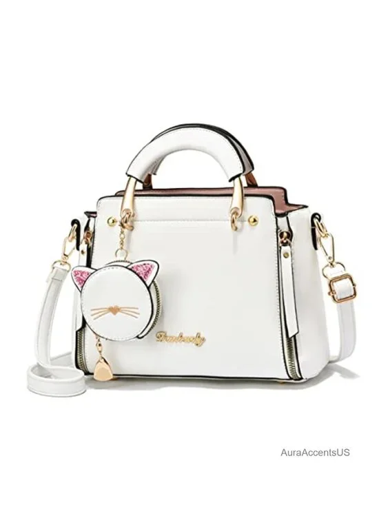 PU Leather Top Handle Satchel Crossbody Bag with Kitten Pendant - Small Tote