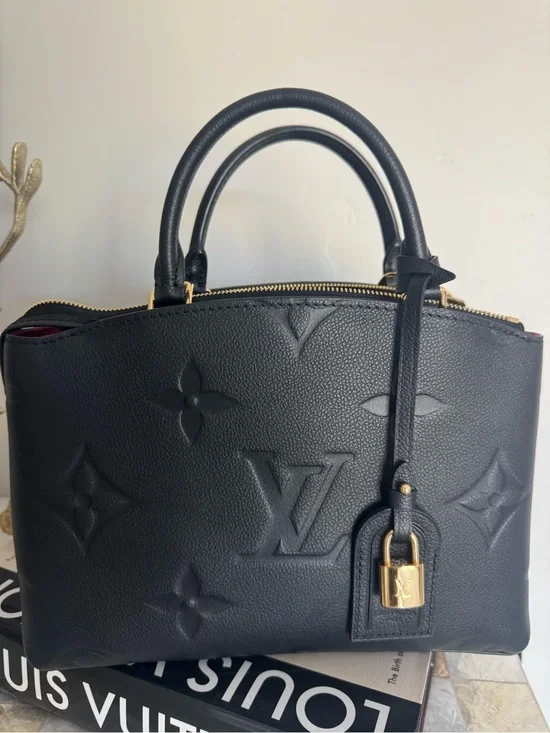 Louis Vuitton Black Embossed Monogram Satchel with Gold Hardware