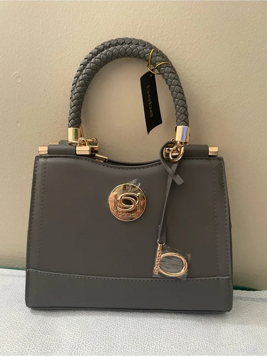 bebe Braided-Handle Gray Satchel with Gold Hardware cross body bag